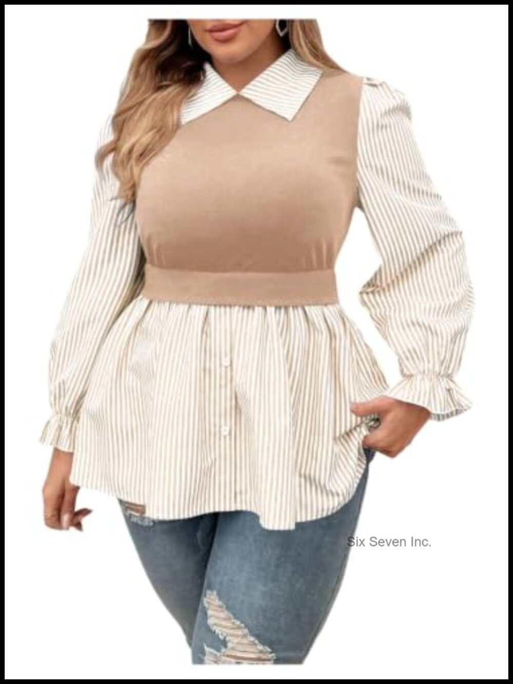 Plus Size Peplum Button Down Blouse Bishop Sleeve Asymmetrical Hem Work Top